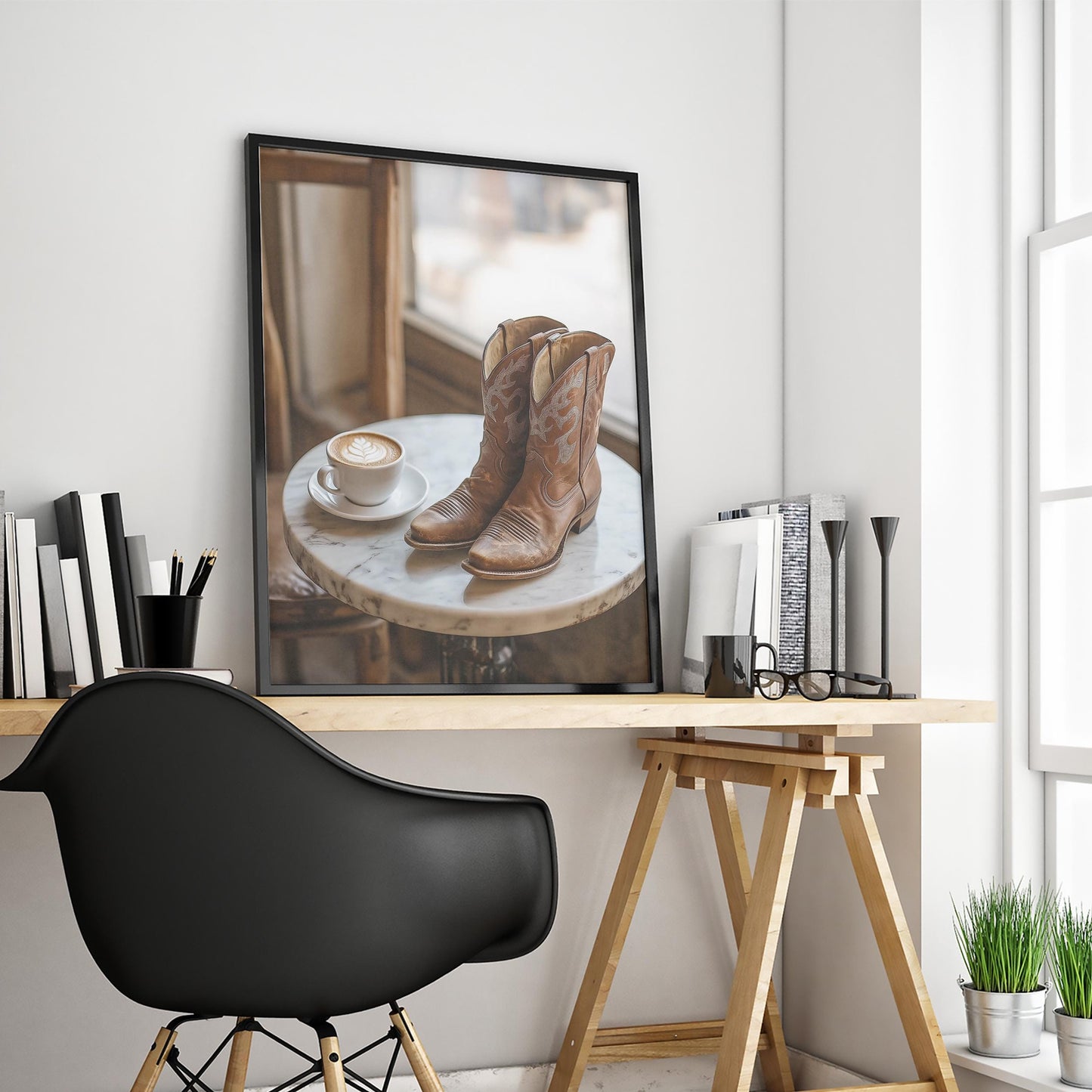 Cowboy Boots & Coffee Poster – Rustic Western Café Wall Art