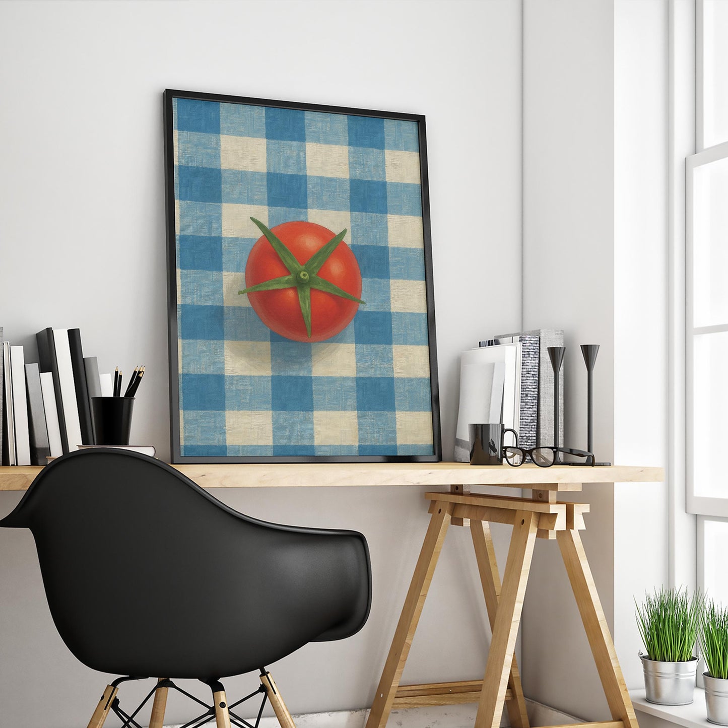 Retro Kitchen Poster – Tomato Art Print With Gingham Wall Art & Rustic Decor