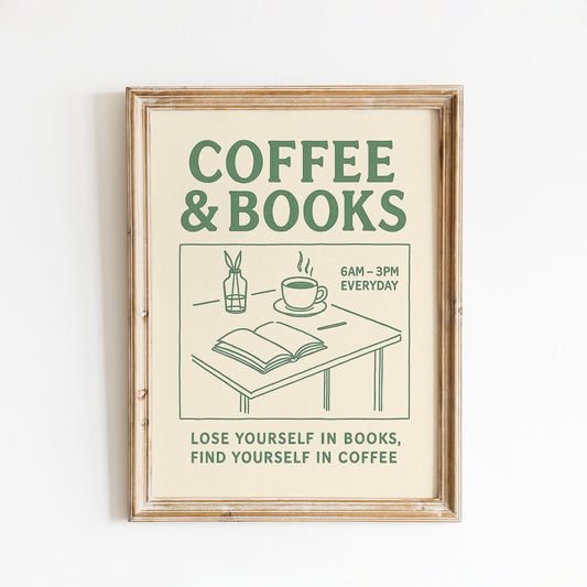 Minimalist Café Wall Art – Coffee Poster with Vintage Book Lover Print