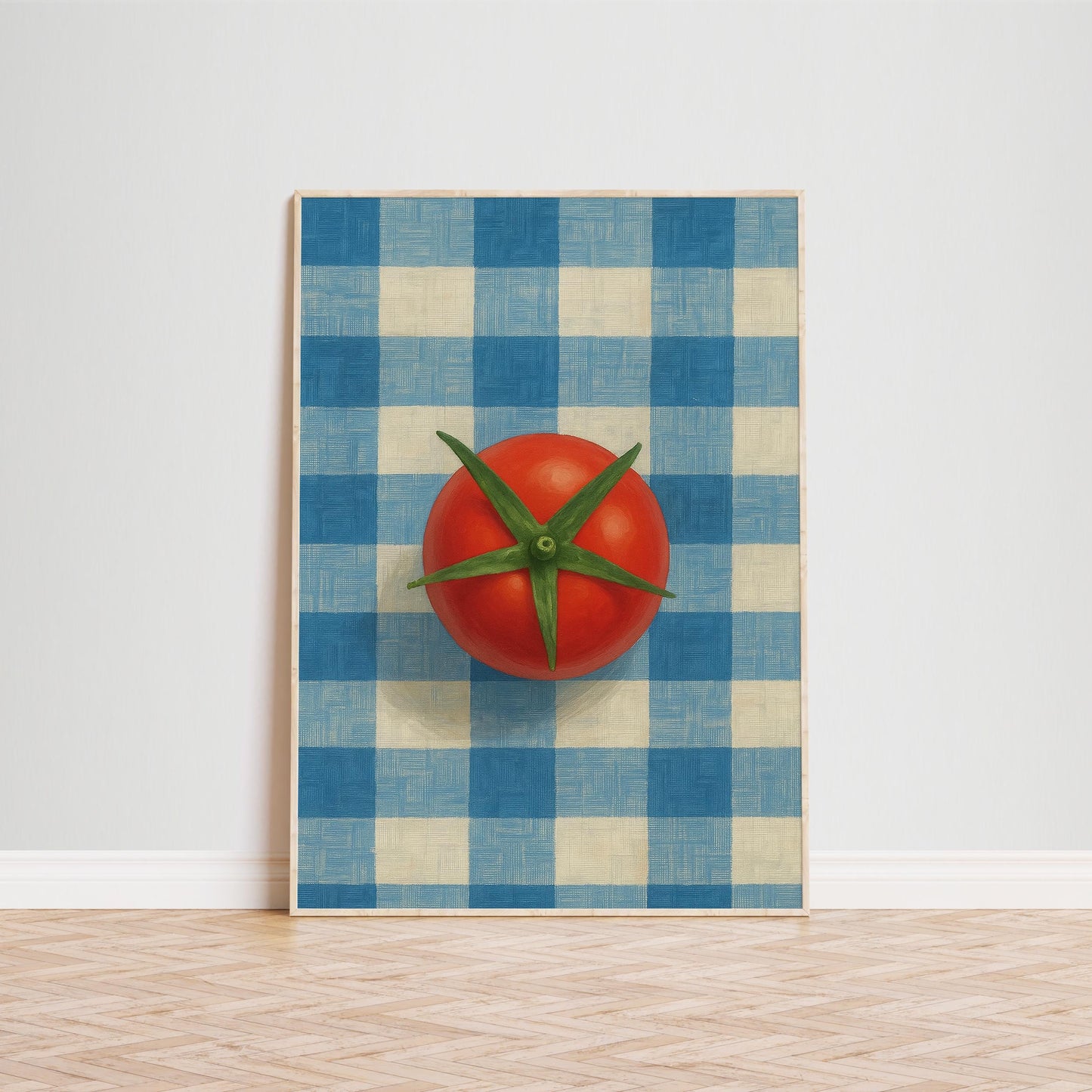Retro Kitchen Poster – Tomato Art Print With Gingham Wall Art & Rustic Decor