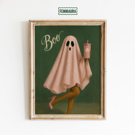 Pink Ghost Wall Art – Whimsical Halloween Decor, Cute Spooky Poster Print