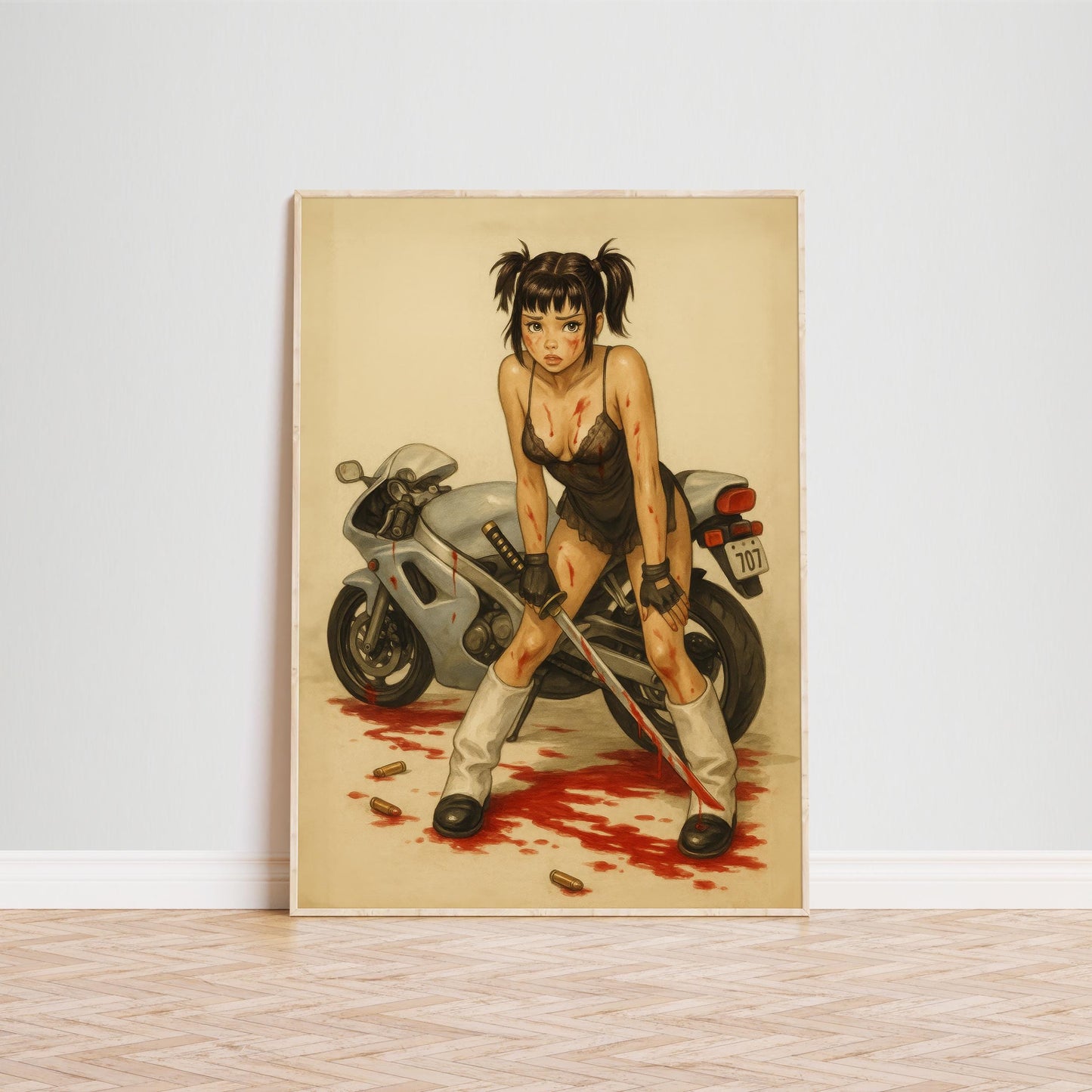 Femme Fatale Anime Poster – Fierce Motorcycle Femme Art With Bloody Katana Scene