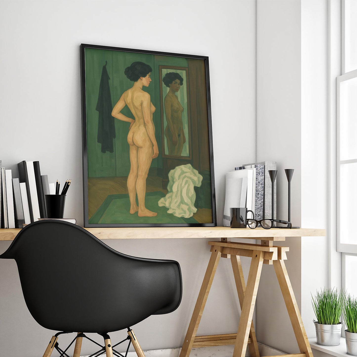 Feminine Nude Wall Art – Moody Green Decor | Elegant Reflective Poster