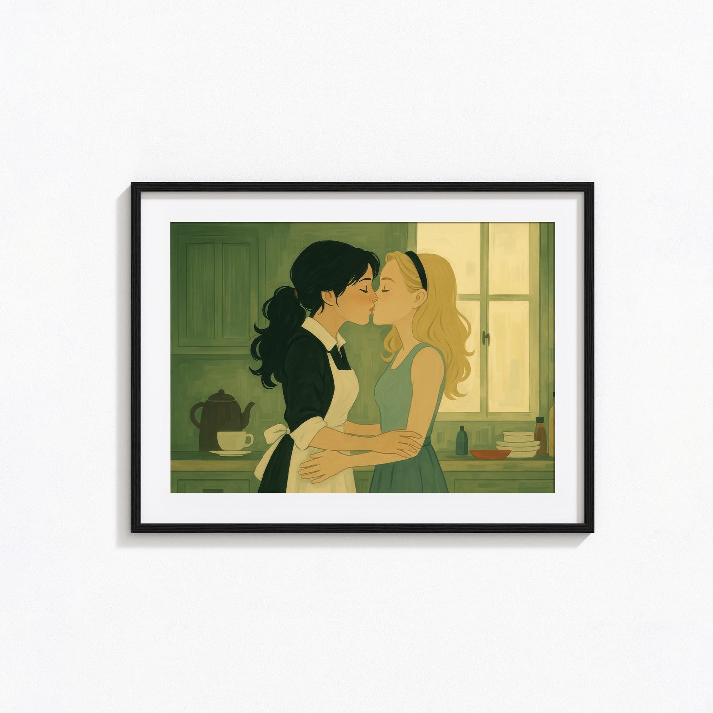 Sapphic Vintage Poster – Lesbian Kiss Art With Cozy Retro Kitchen Print