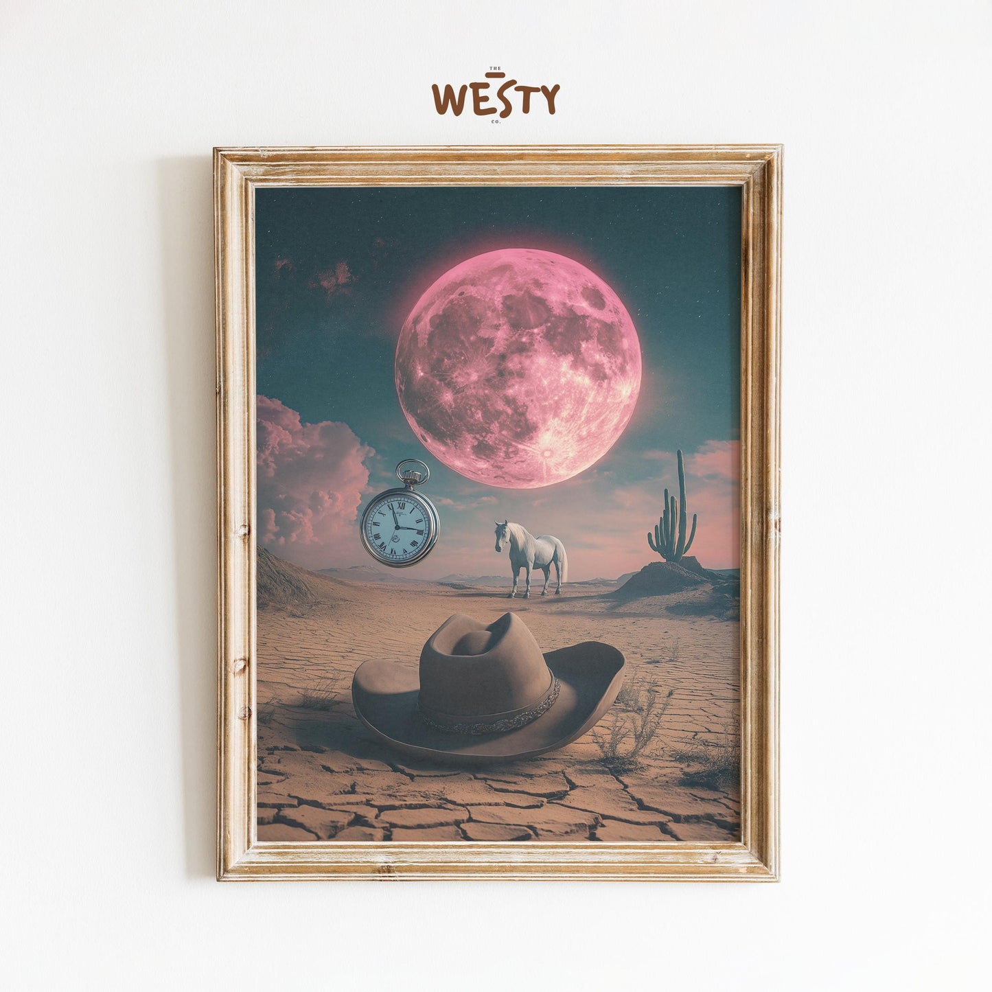 Pink Moon Desert Cowboy – Surreal Western Dreamscape Poster