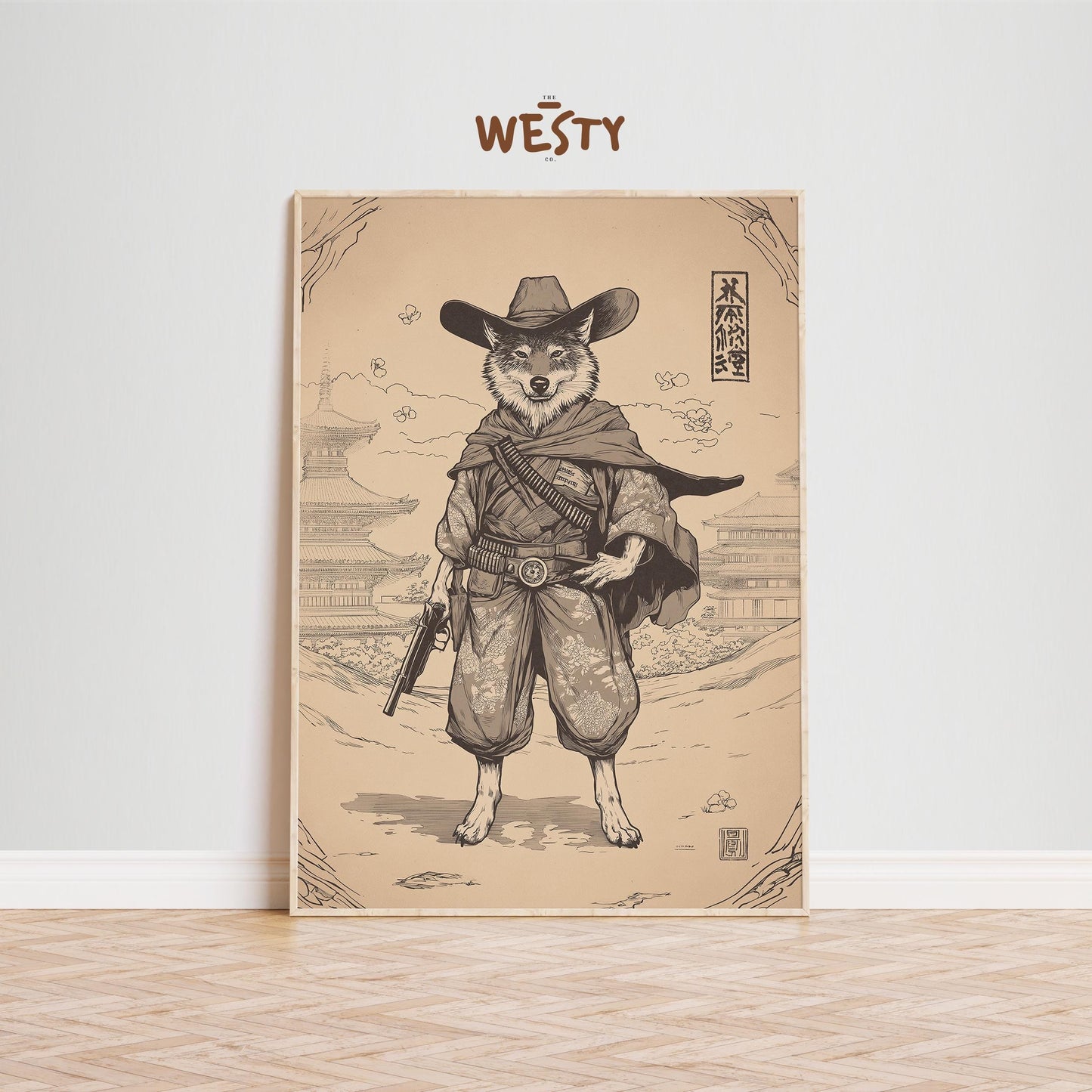 Wolf Gunslinger Samurai Poster – Sepia East-West Fusion Wall Art
