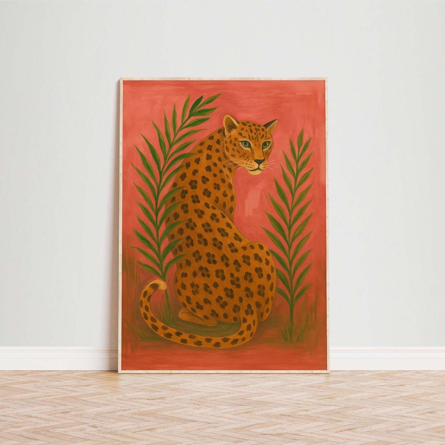 Golden Leopard Wall Art – Vibrant Red Background With Palm Leaf Artwork Print