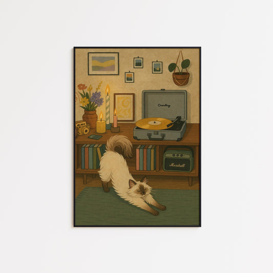 Cozy Cat Art Print – Vintage Vinyl Print | Gouache Illustration, Warm Aesthetic Poster
