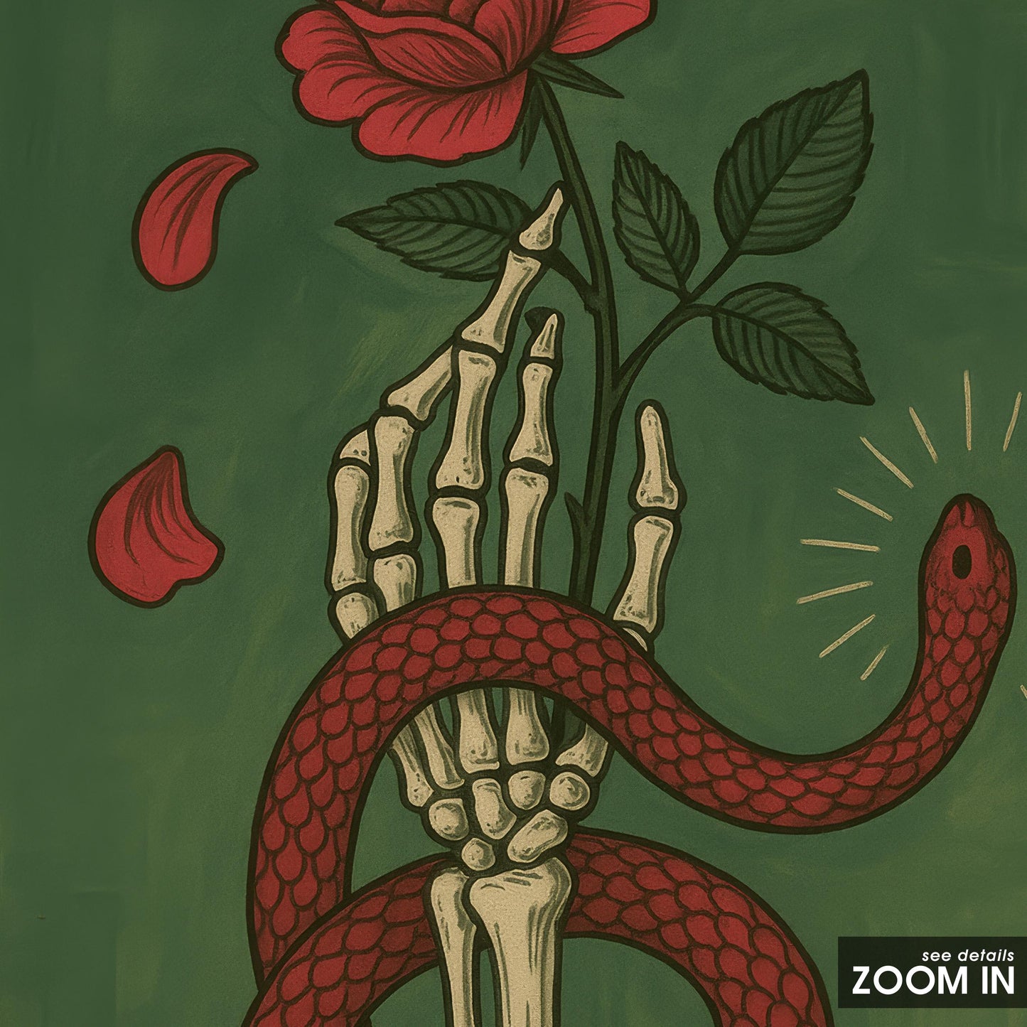 Gothic Wall Poster – Skeleton Hand Art with Red Rose & Green Serpent Design