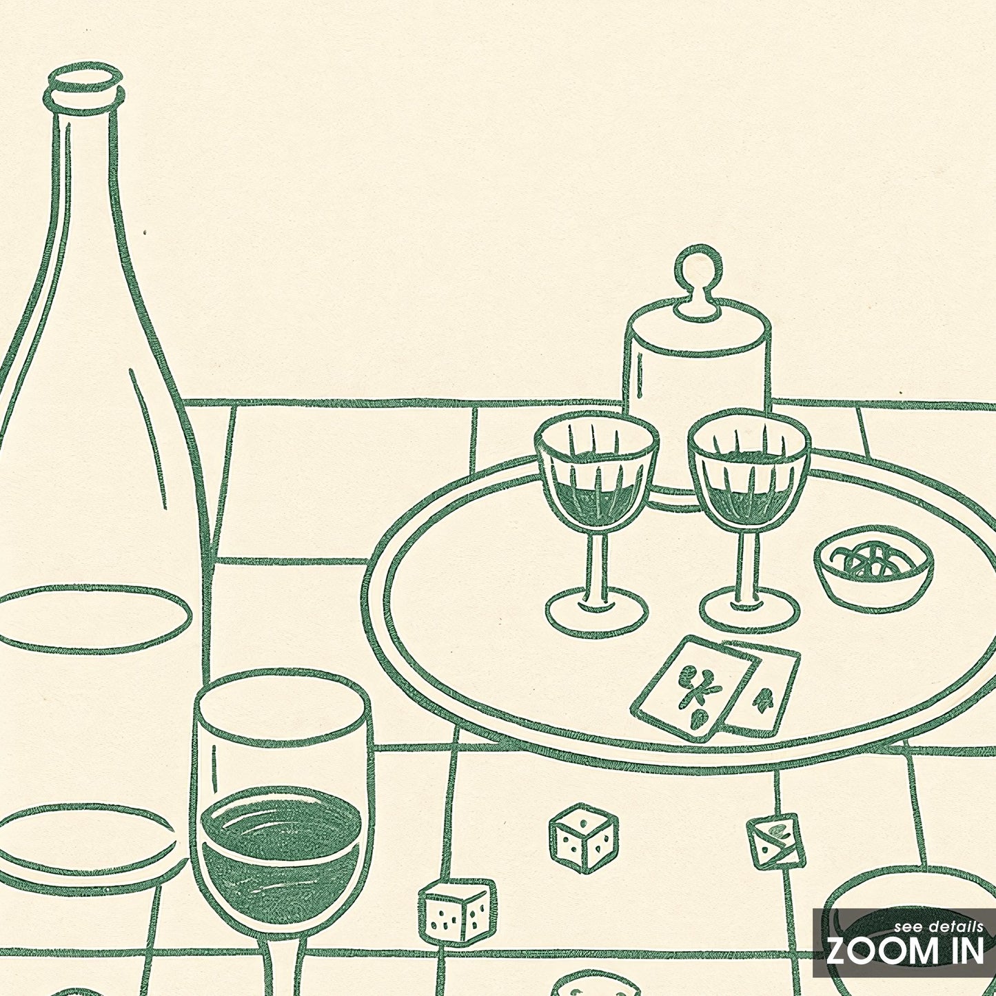 Wine and Cards Poster – Vintage Kitchen Wall Art, Cozy Dining Still Life Print