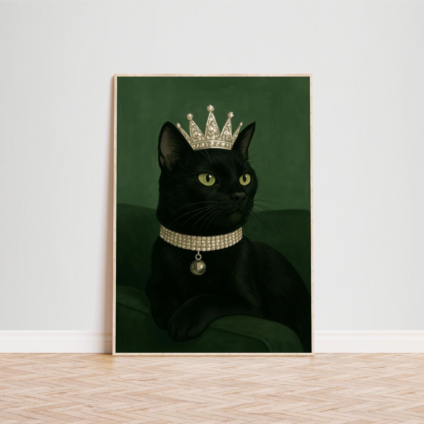 Gothic Black Cat Art | Elegant Feline Portrait with Pearl Collar – Luxury Gothic Decor