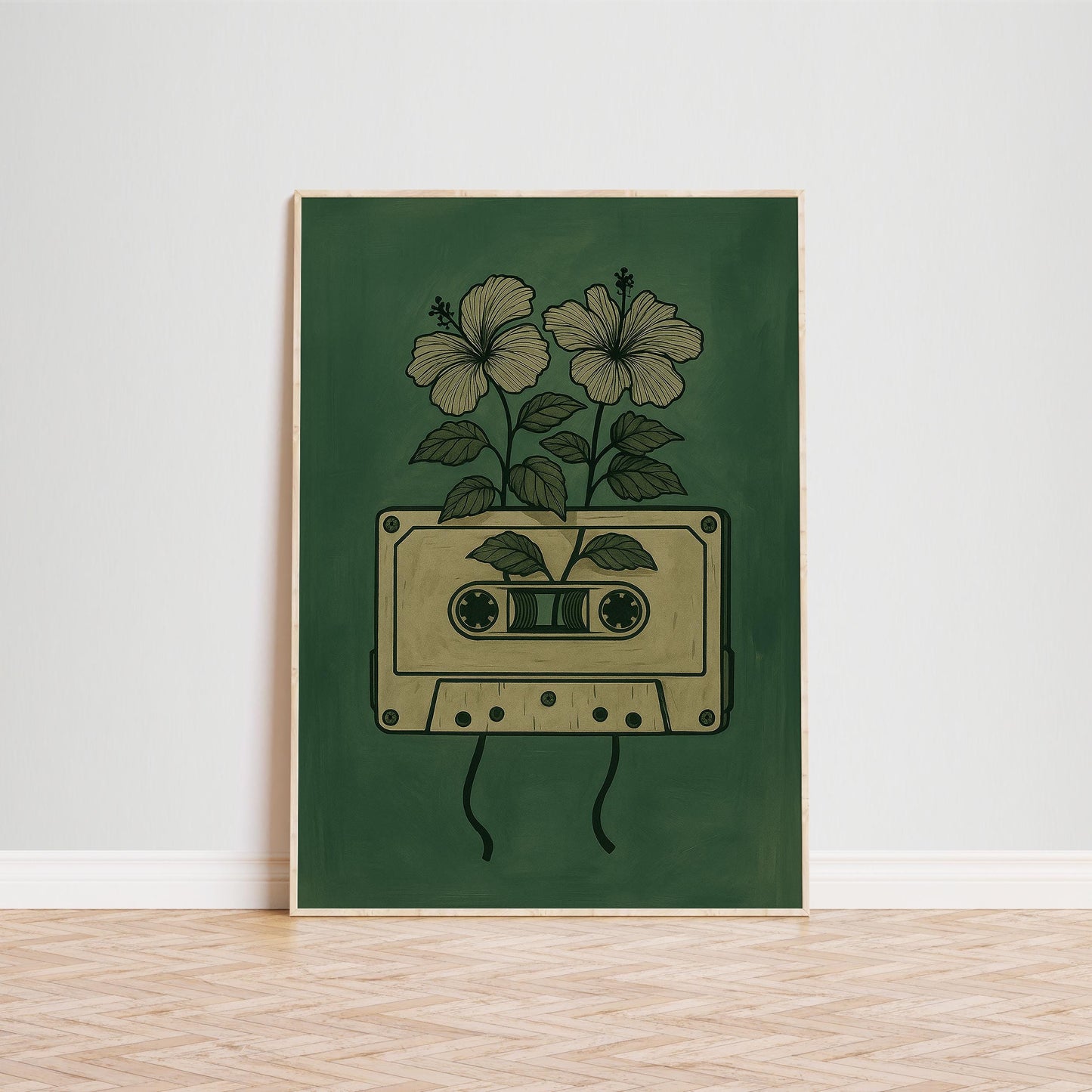 Retro Music Wall Art – Vintage Cassette Poster With Floral Tape Flower Art