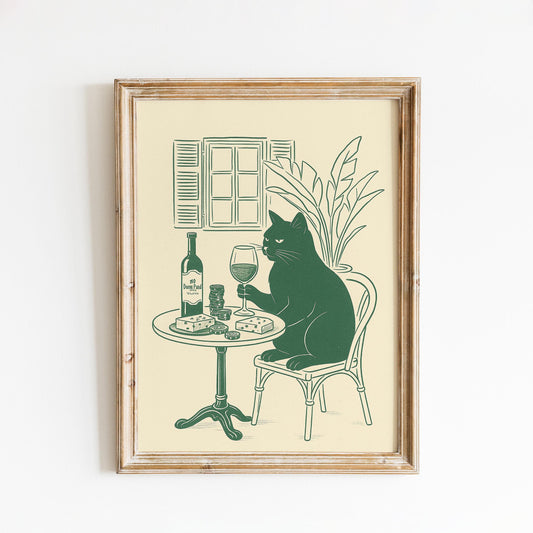 Wine Cat Poster – Elegant Minimal Line Art, French Café Style Wall Print