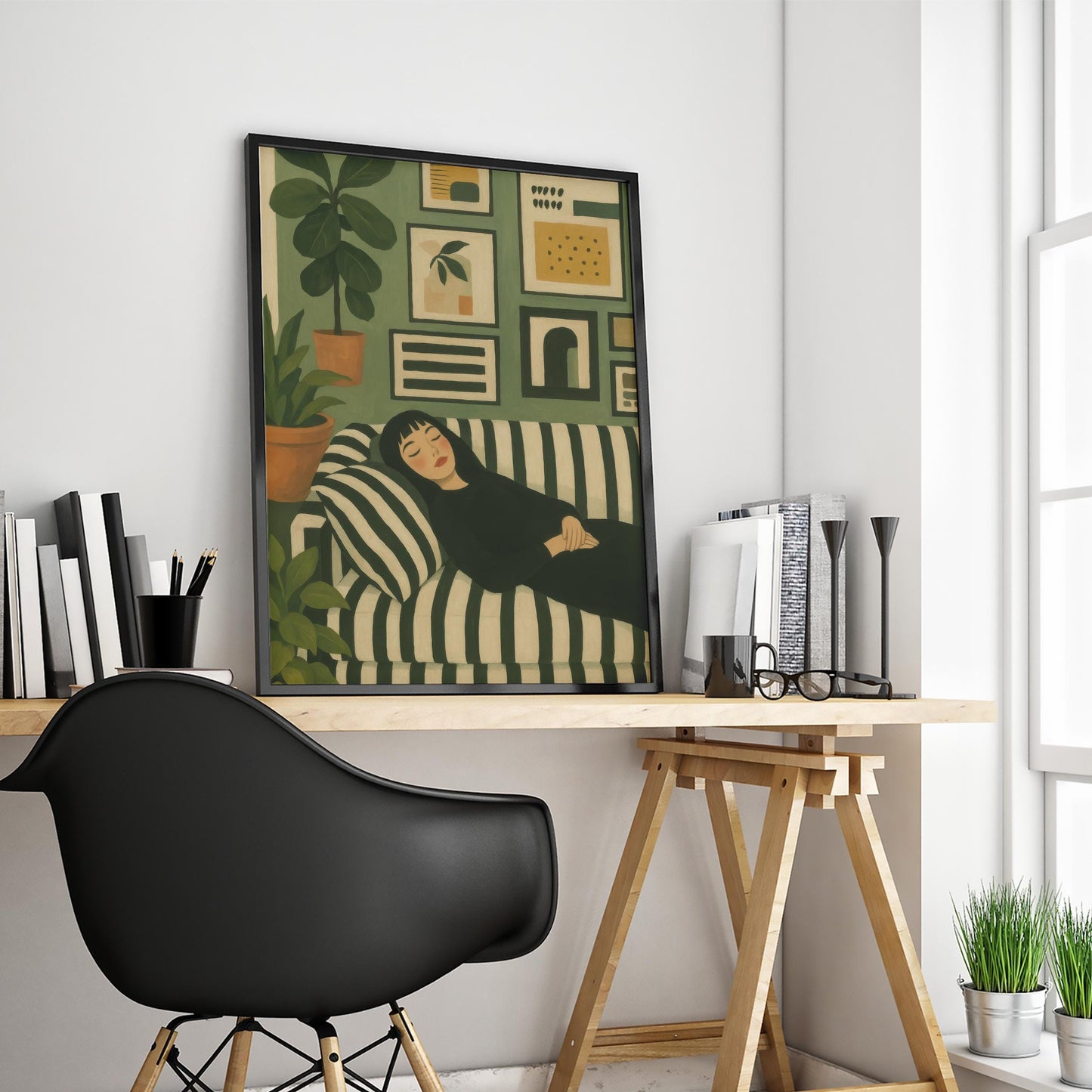 Cozy Girl Poster – Modern Wall Art With Green Home Decor & Chill Vibe Illustration