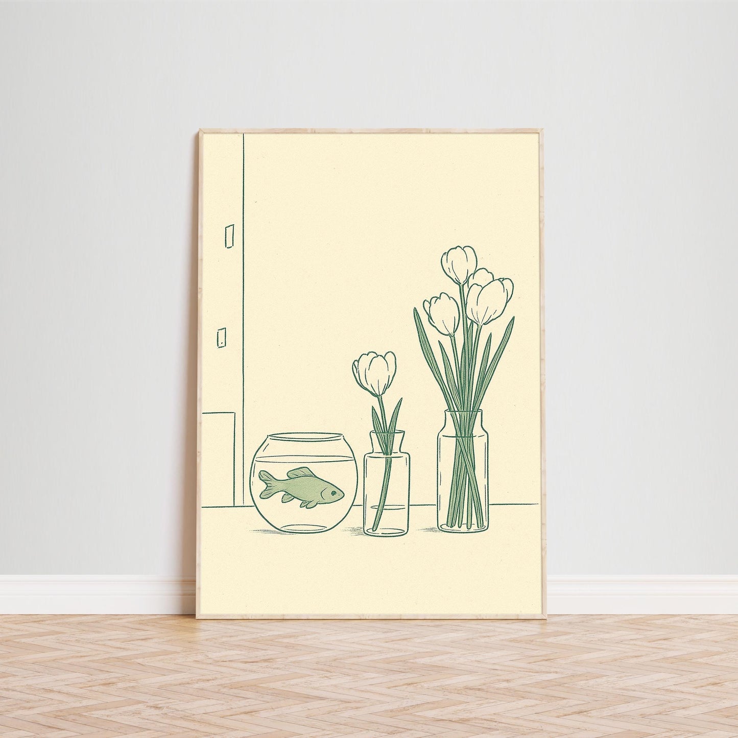 Goldfish and Tulips Poster – Minimal Green Line Art for Calm Interiors