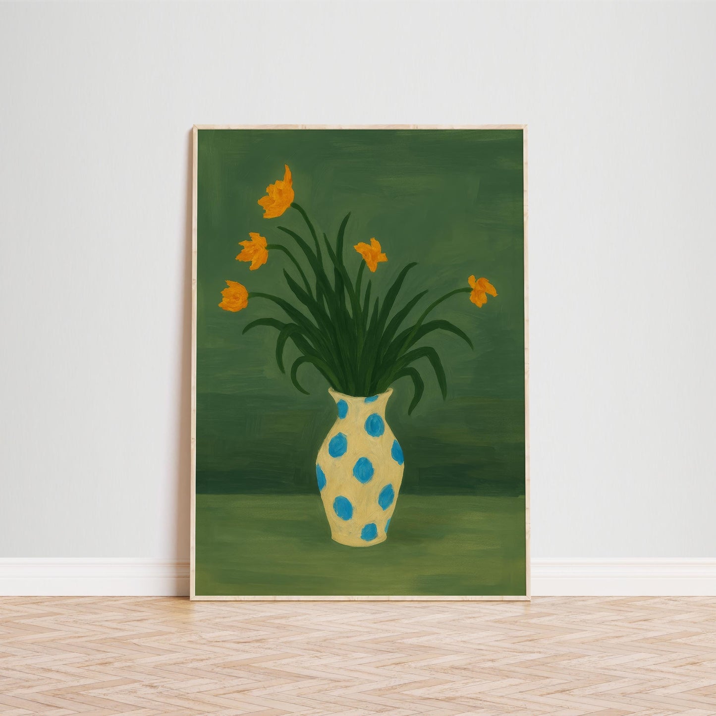 Yellow Tulips Wall Art – Playful Floral Bouquet in Blue Dot Vase Print