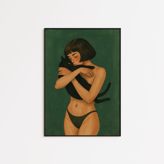 Black Cat Art Print – Minimalist Gouache Digital Cat Illustration for Cozy Bedroom Wall Art