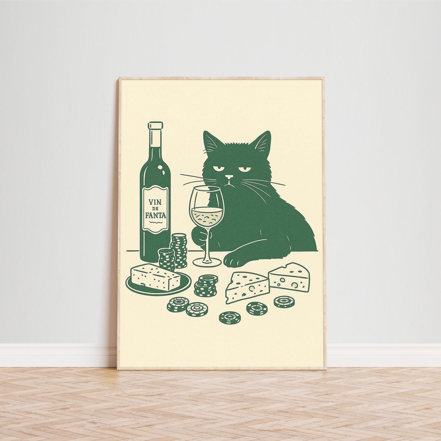 Wine and Cheese Cat Poster – Funny Minimal Line Art, Sophisticated Cat Wall Print