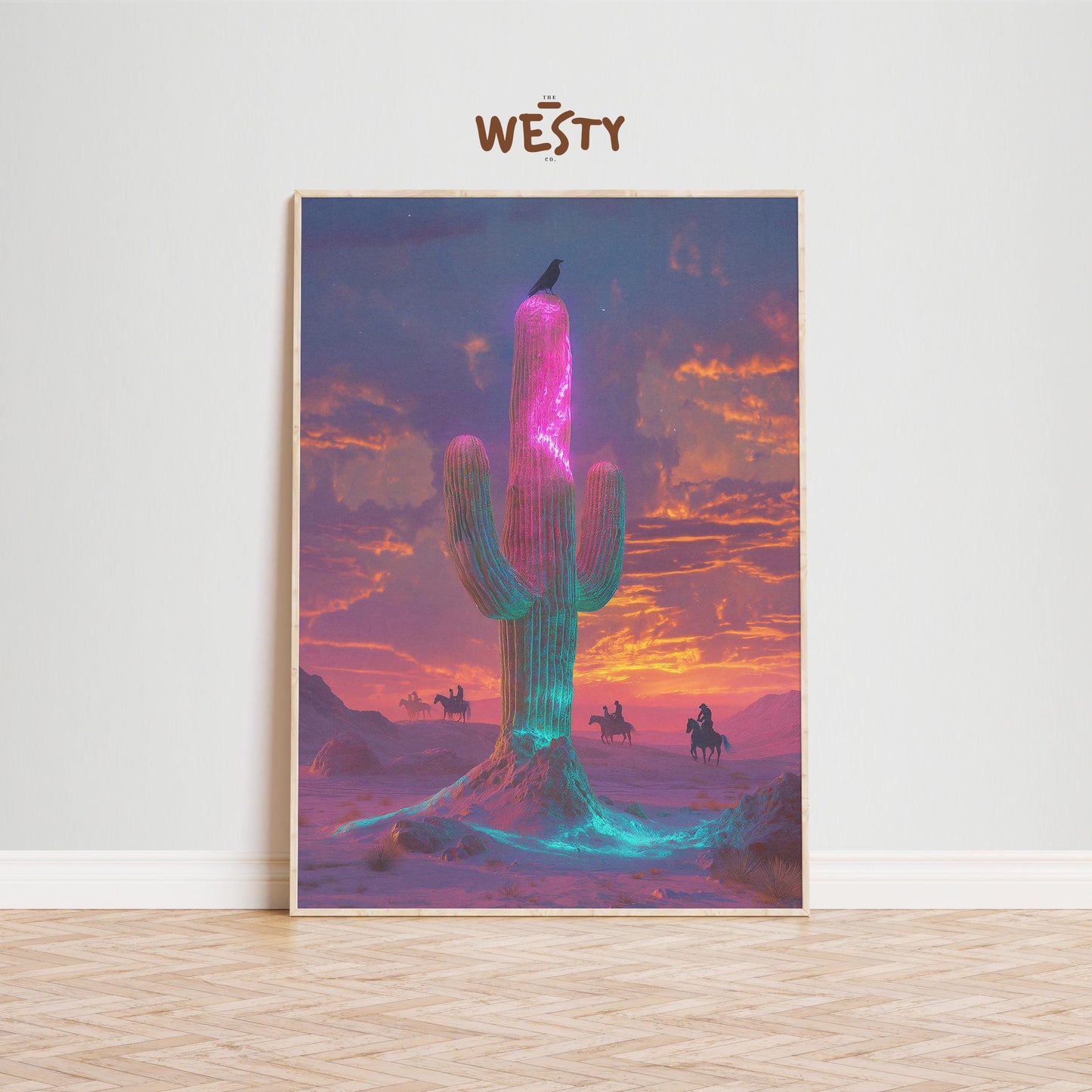 Neon Cactus Sunset – Surreal Desert Cowboy Poster
