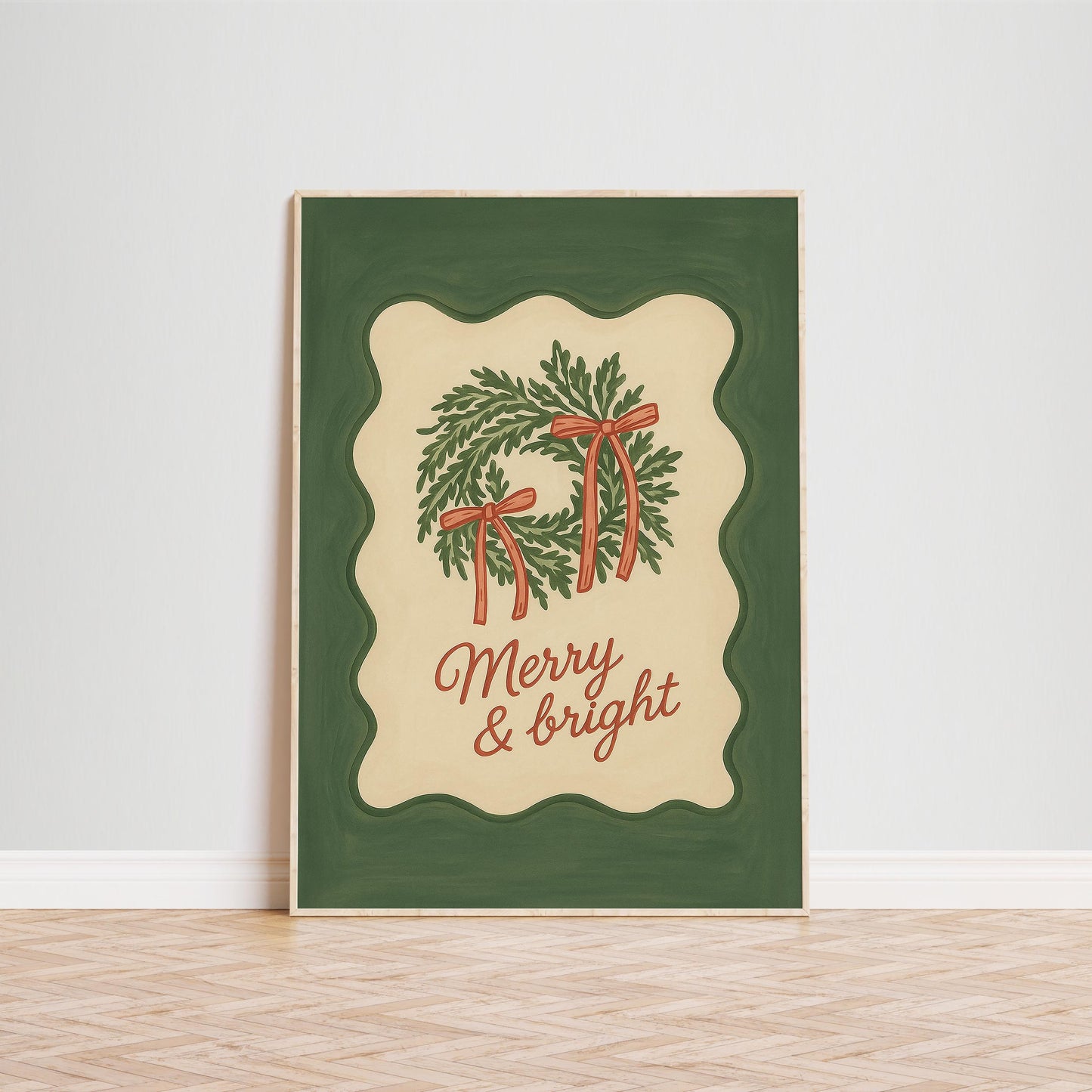 Christmas Wall Art – Merry & Bright Retro Green Holiday Poster