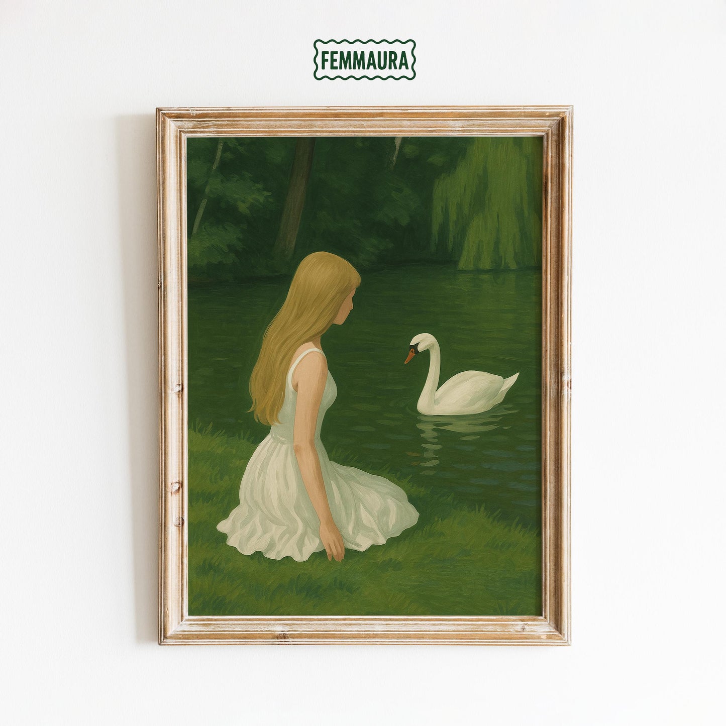 Girl Swan Poster – Dreamy Green Poster | Elegant Nature Wall Art