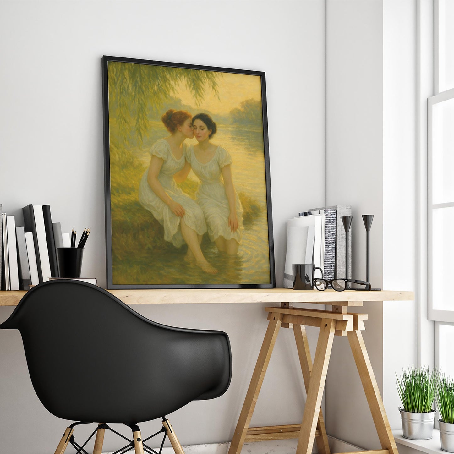 Romantic Sapphic Art – Riverbank Kiss Painting | Lesbian Fine Art Print