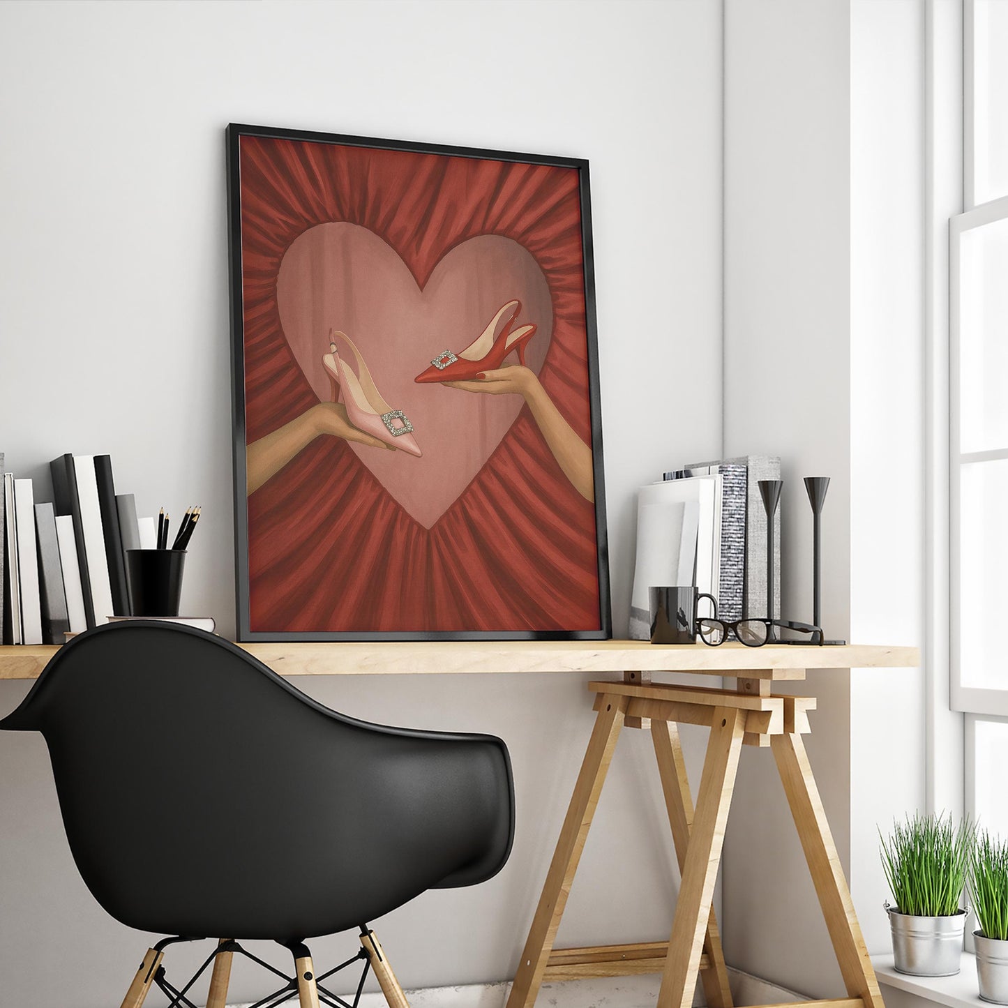 Feminine Glam Wall Art – Romantic Fashion Poster With Red Heart & Elegant Shoes