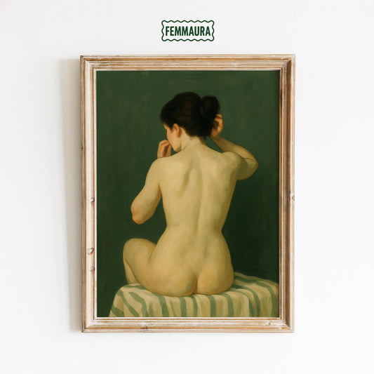 Vintage Nude Wall Art – Minimalist Green Female Back Portrait Print