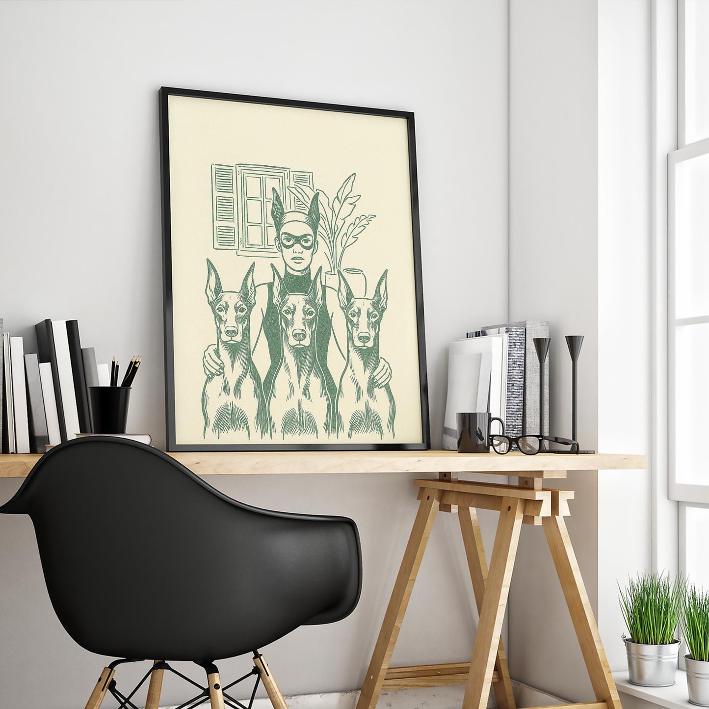 Masked Woman Poster – Feminine Power Art | Minimal Vintage Illustration, Green Line Drawing