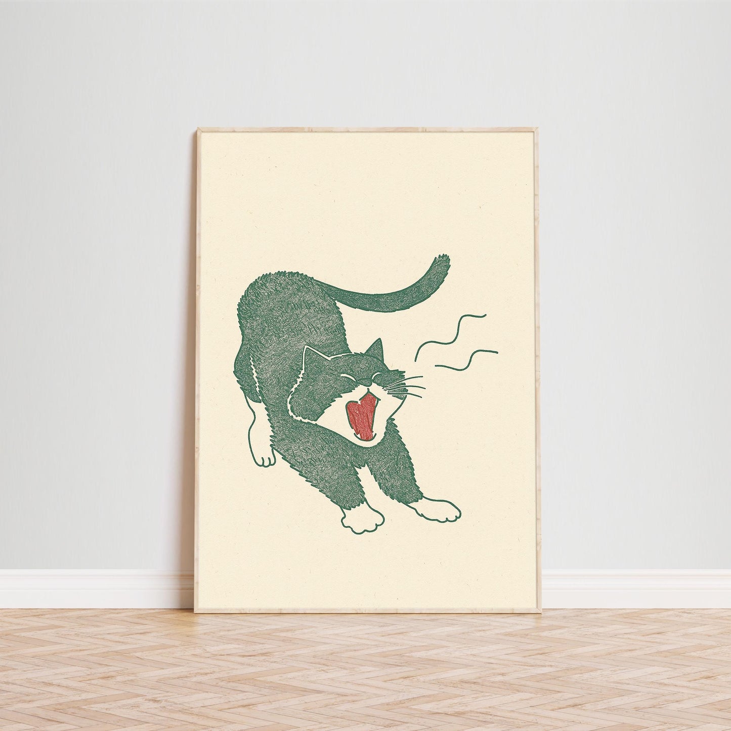 Morning Stretch Cat – Minimal Line Art Poster, Playful Vintage Illustration