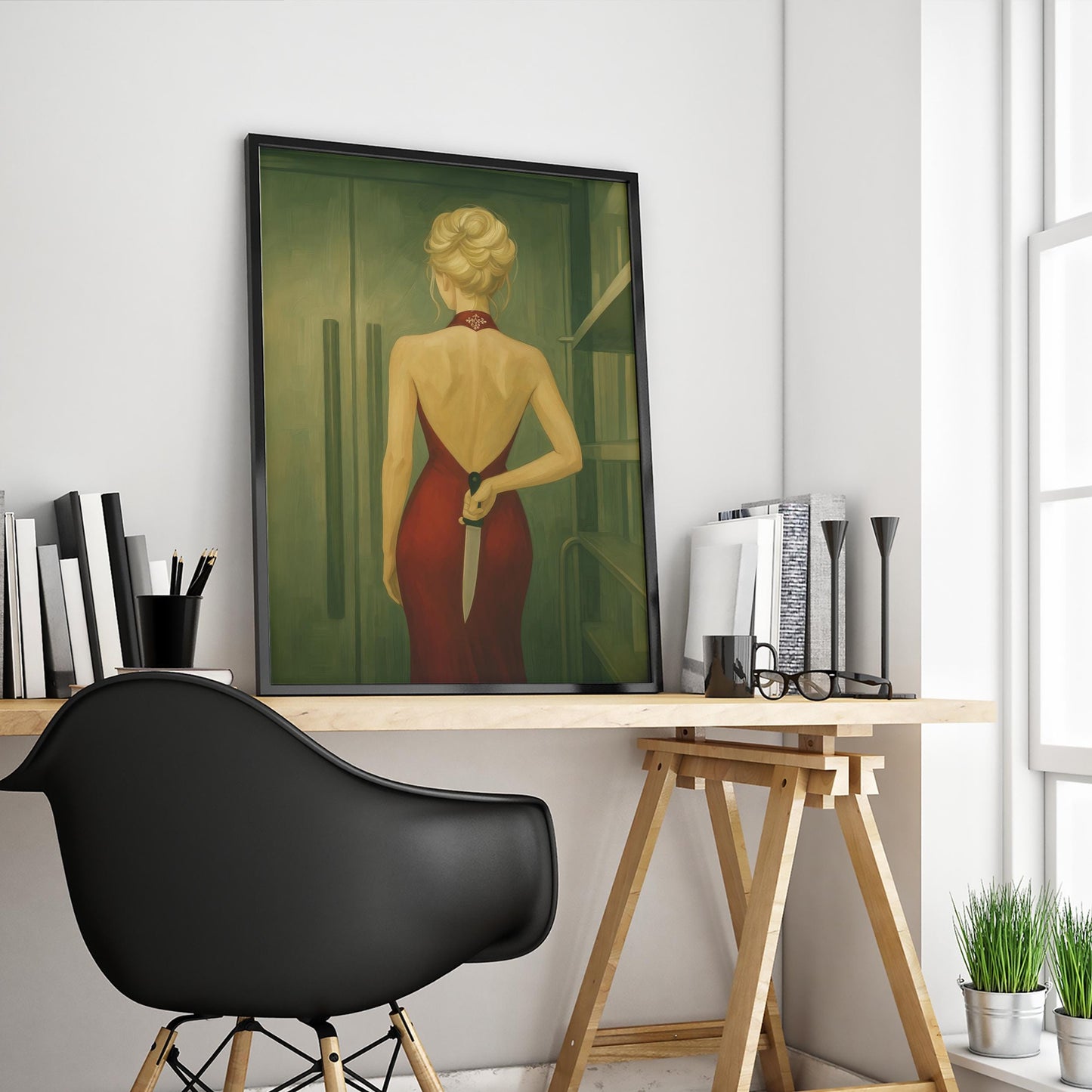 Femme Fatale Wall Art – Red Dress Poster with Knife | Bold Suspenseful Artwork