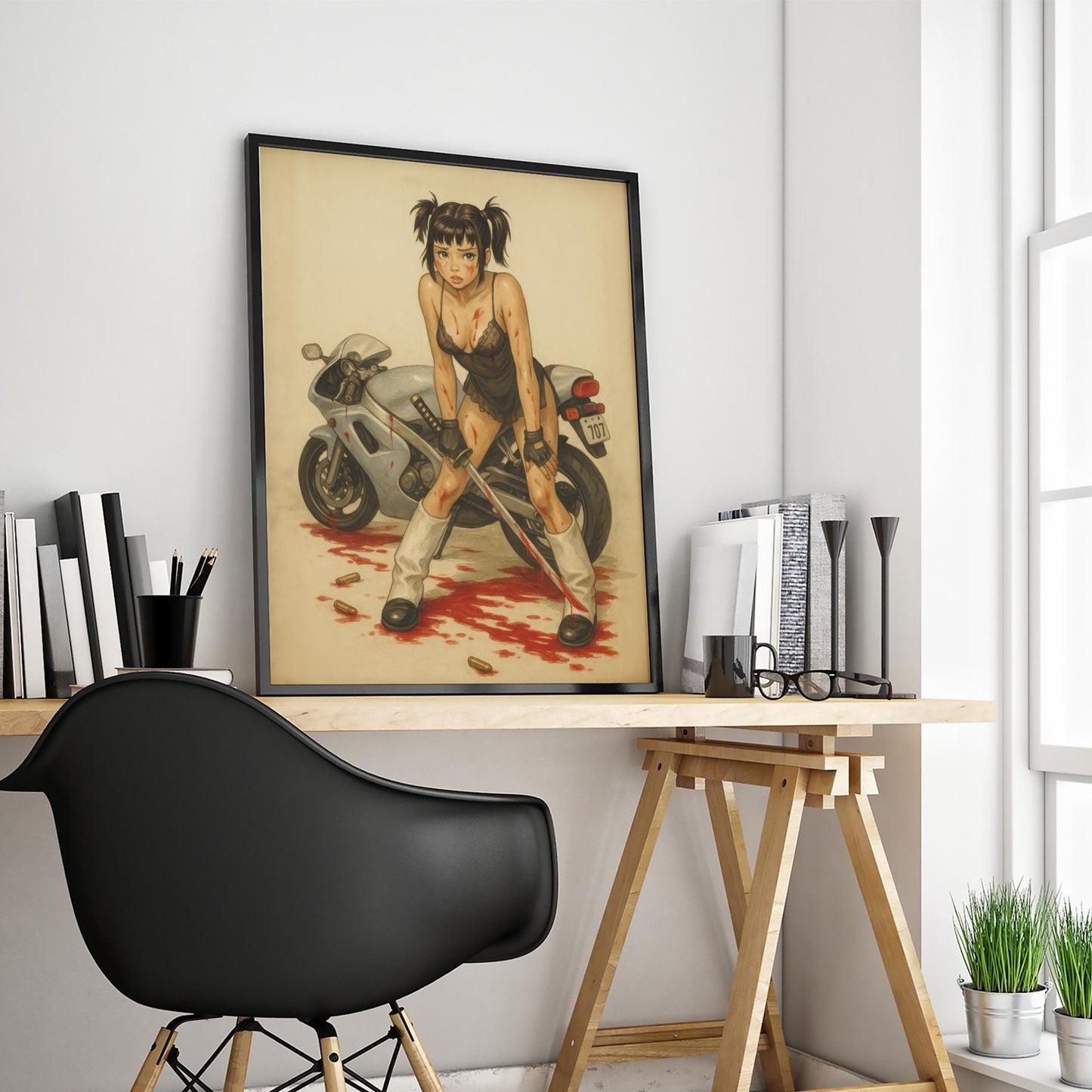 Femme Fatale Anime Poster – Fierce Motorcycle Femme Art With Bloody Katana Scene