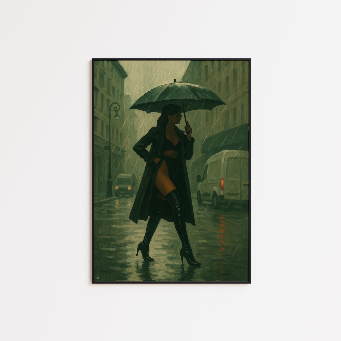 Noir Femme Fatale Art – Moody Urban Decor With Rainy City Artwork And Trench Coat Elegance