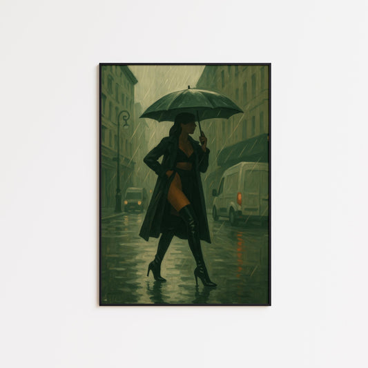 Noir Femme Fatale Art – Moody Urban Decor With Rainy City Artwork And Trench Coat Elegance