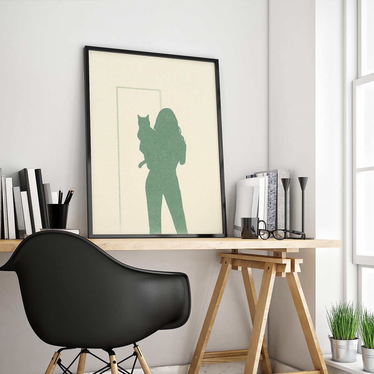 Woman and Cat Silhouette Poster – Minimal Line Art Print, Femmaura Bold Series