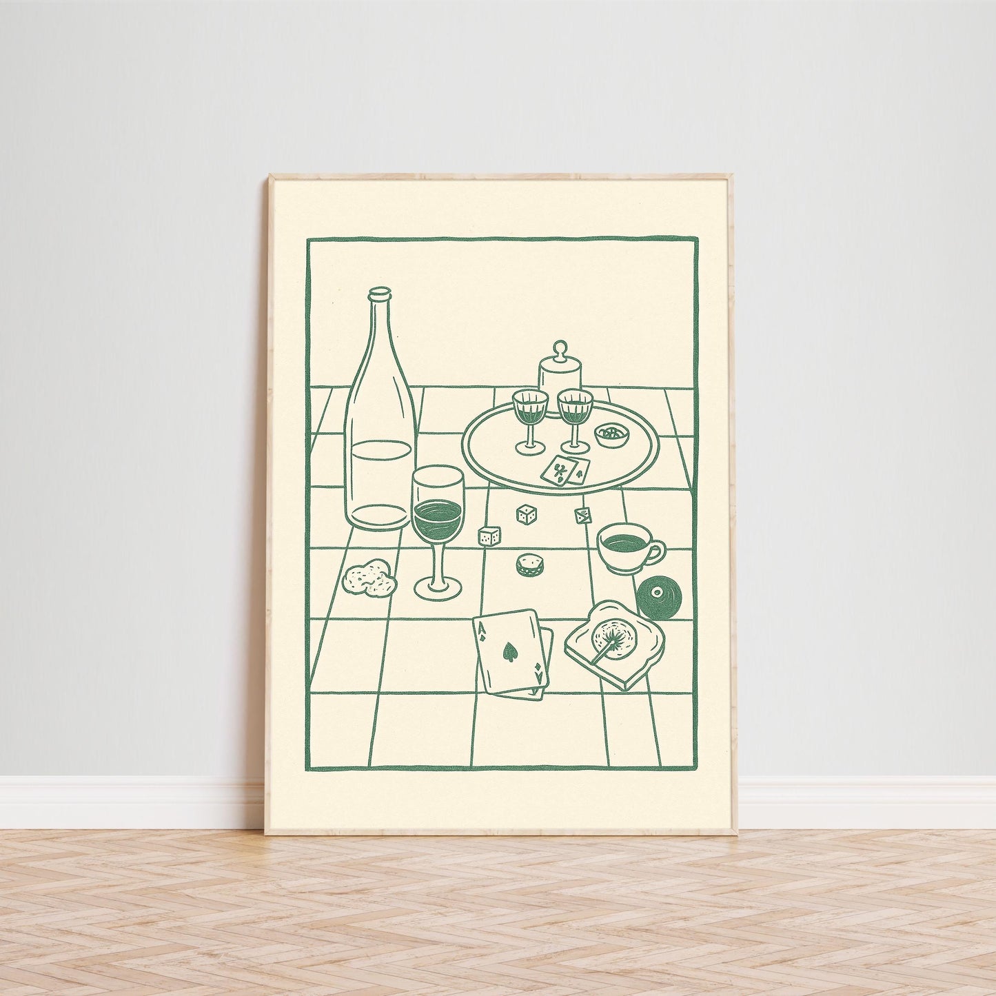 Wine and Cards Poster – Vintage Kitchen Wall Art, Cozy Dining Still Life Print