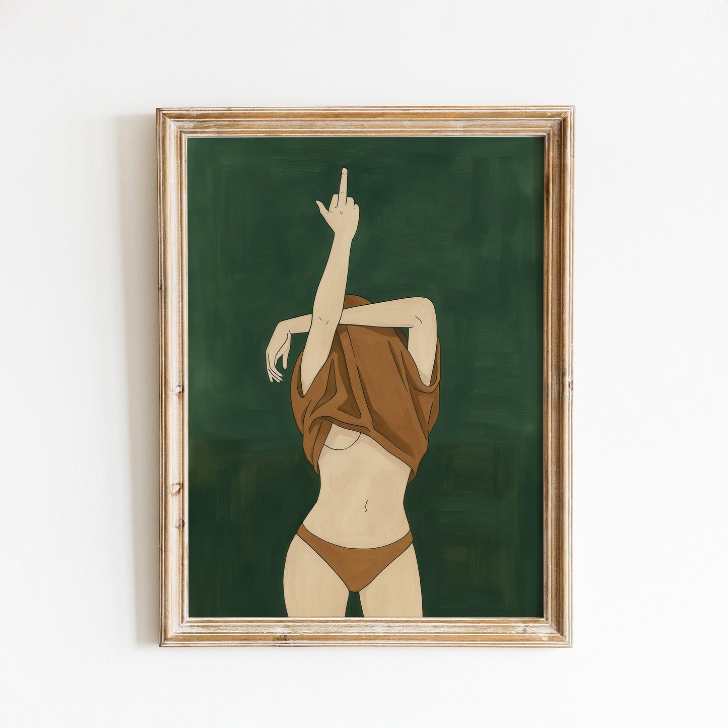 Feminist Art Print – Bold Nude Poster with Middle Finger Illustration on Dark Green