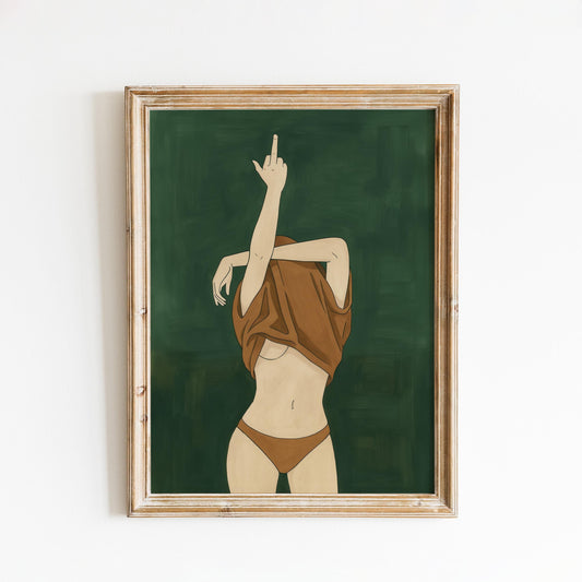 Feminist Art Print – Bold Nude Poster with Middle Finger Illustration on Dark Green