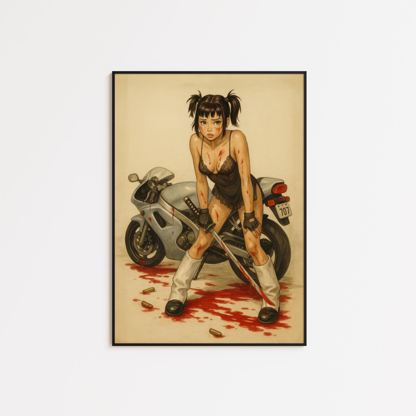 Femme Fatale Anime Poster – Fierce Motorcycle Femme Art With Bloody Katana Scene