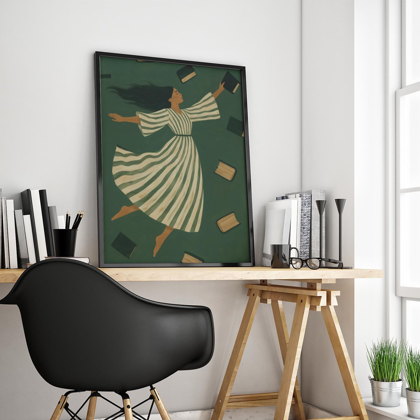 Feminine Dark Green Poster – Floating Books Print With Muted Green Tones & Dreamy Woman Art