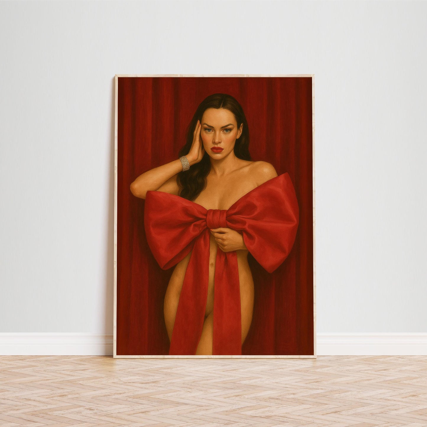 Sensual Vintage Poster – Red Bow Artwork | Bold Woman Feminine Wall Art