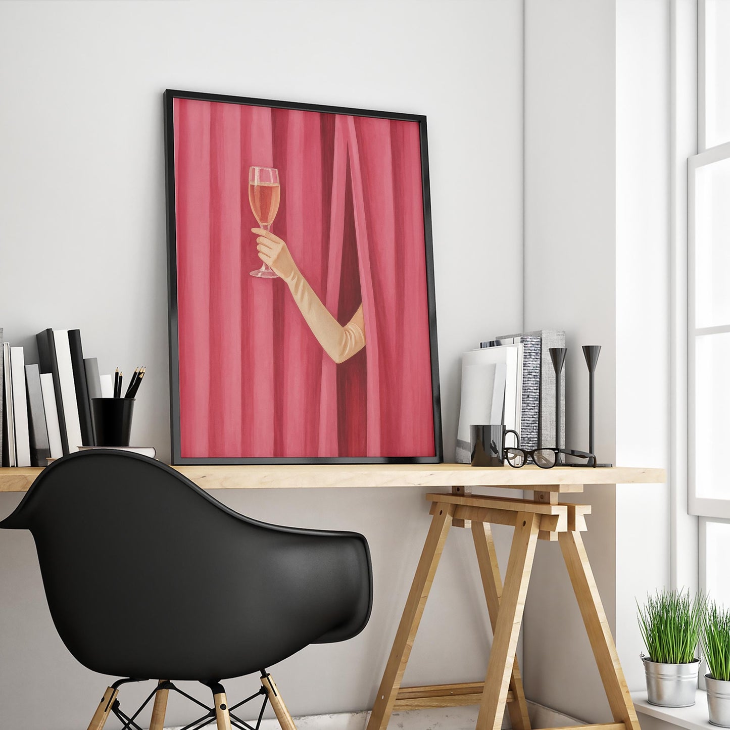 Champagne Wall Art – Elegant Glam Home Decor With Red Curtain And Sophisticated Style