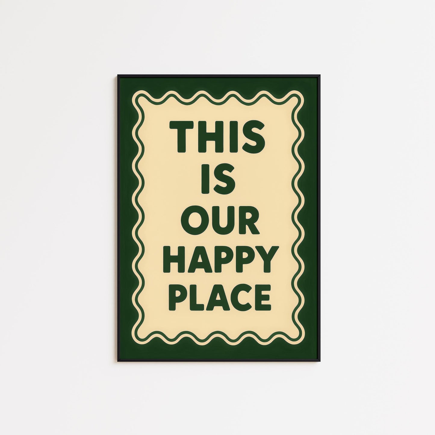 Retro Quote Print – Happy Place Poster With Wavy Frame Artwork & Vintage Wall Art