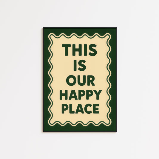 Retro Quote Print – Happy Place Poster With Wavy Frame Artwork & Vintage Wall Art