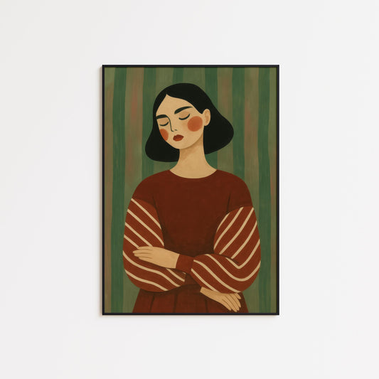 Moody Girl Poster – Emotional Portrait Art | Red Dress Wall Decor, Retro Stripe