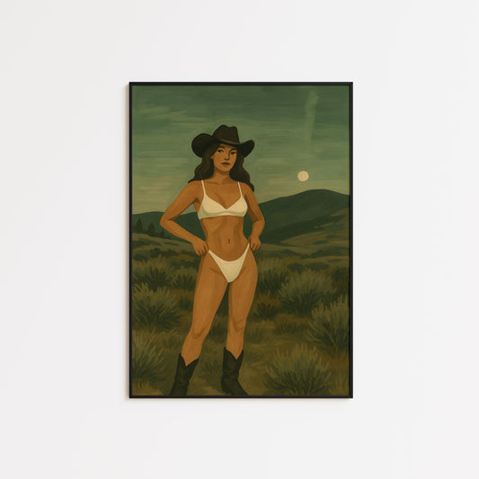 Cowgirl Desert Poster – Vintage Western Wall Art With Feminine Moonlit Design