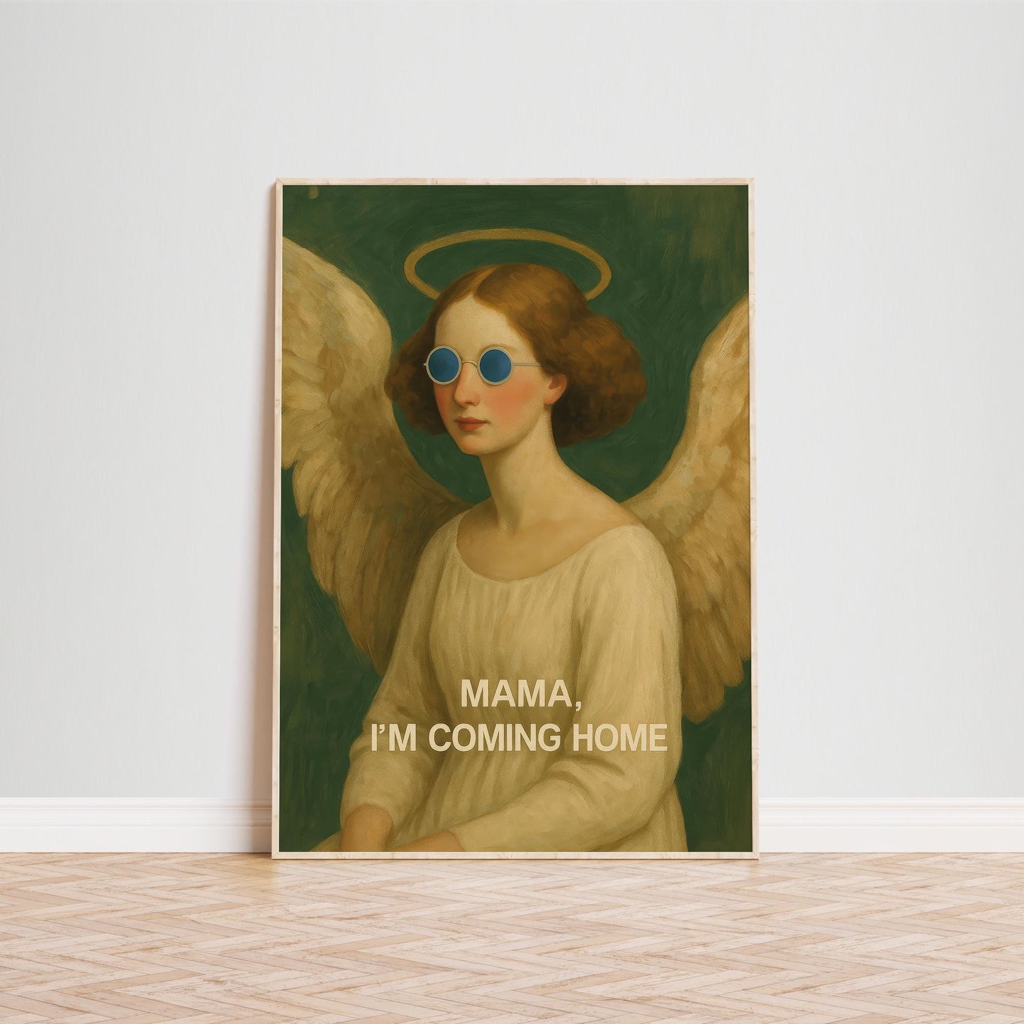 Cool Angel Wall Art – Surreal Vintage Halo Poster With Blue Sunglasses