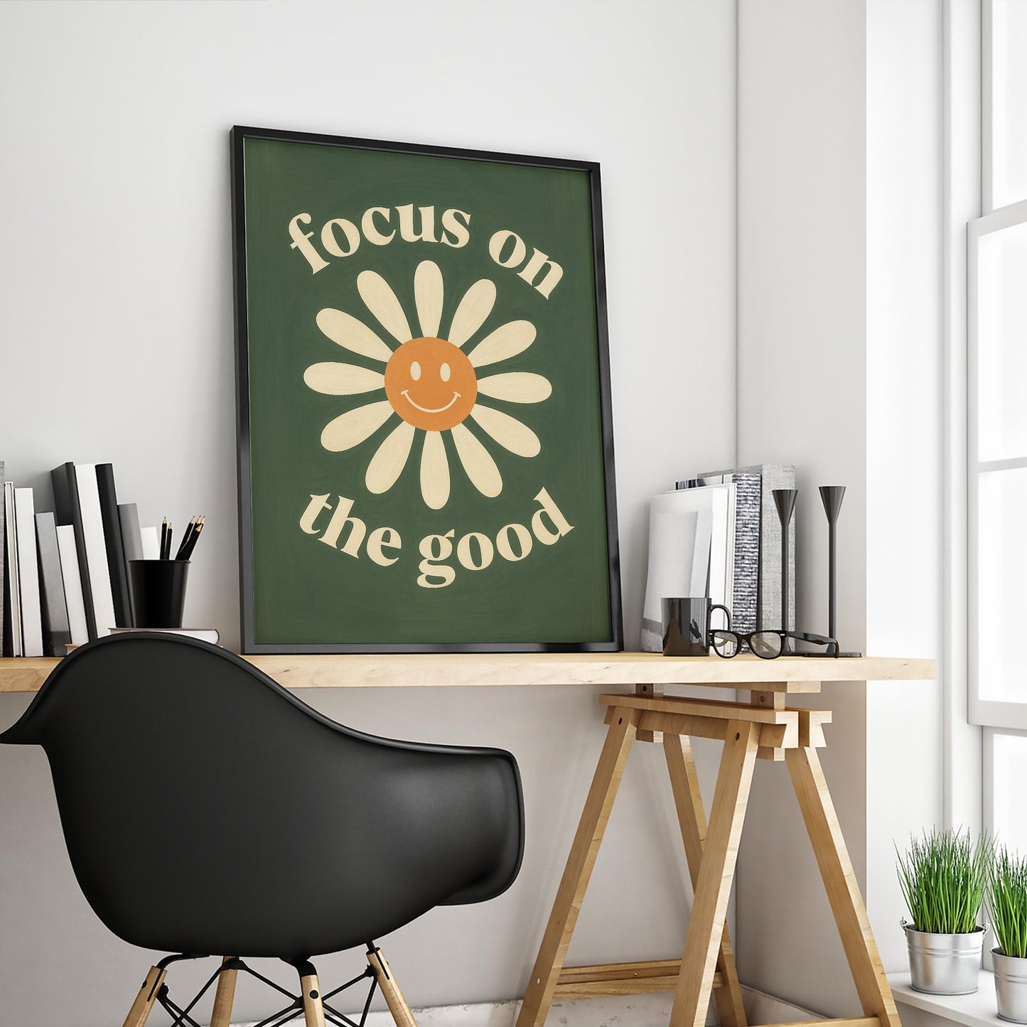 Retro Flower Poster – Motivational Wall Art With Smiley Daisy & Vintage Typography