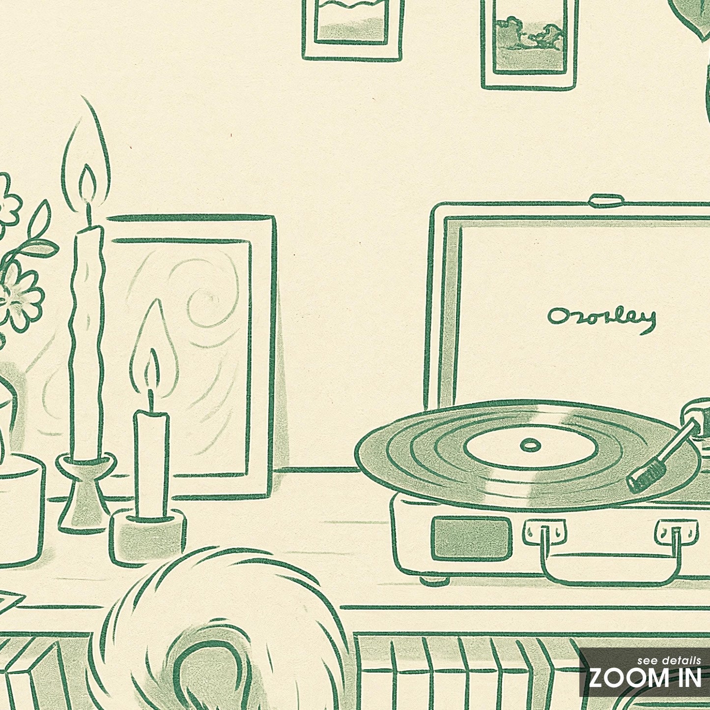 Cozy Cat and Vinyl Poster – Retro Minimal Line Art, Warm Home Decor