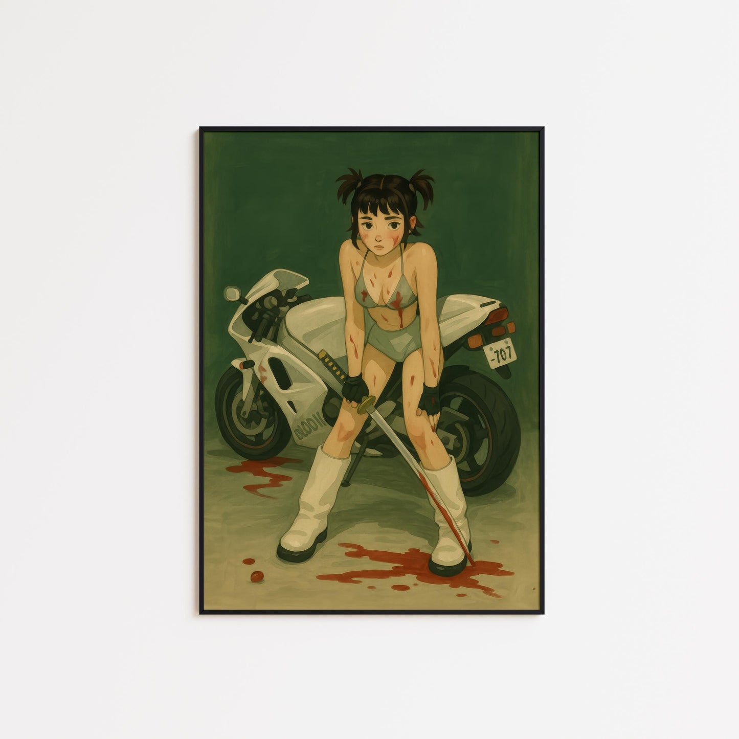 Anime Femme Poster – Biker Girl Art with Katana Sword Print | Sapphic Warrior Artwork